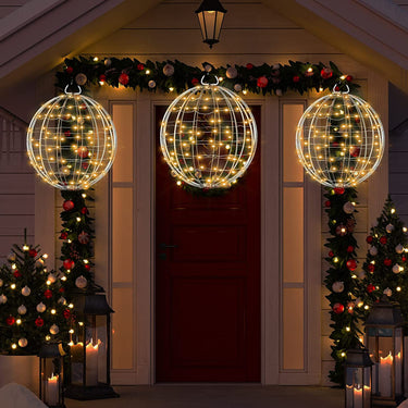 3 Pack 10'' Christmas LED Ball Lights Outdoor Christmas Tree Sphere Globe Lights with Fold Flat Metal Frame Ball Lights Fairy Lights Hanging Christmas Tree Ornament Decorations (Warm White)